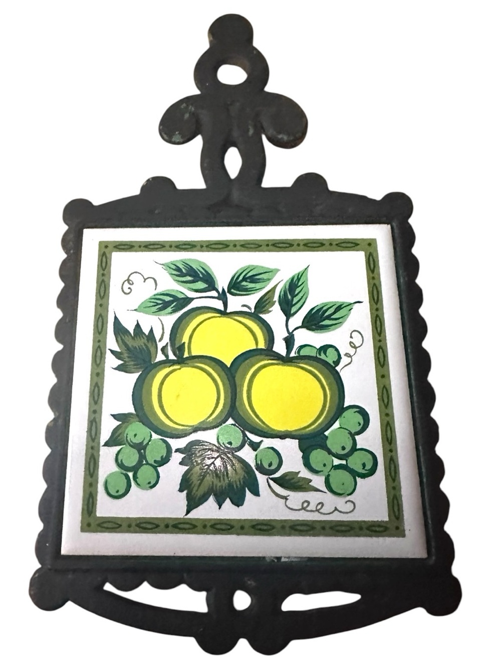 Vintage Mid-Century Cast Iron and Ceramic Fruit Apple/Grape Tile Trivet Japan